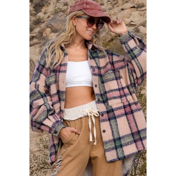 SOLD OUT Pink Plaid Distressed Boho Oversized Shacket - Picture 2 of 9